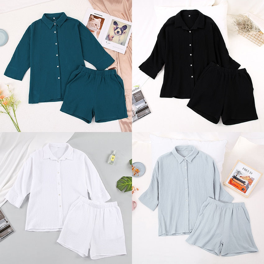 HiLoc Casual Sleepwear Cotton Pajamas For Women Sets Suit Turn-Down Collar Nine Quarter Sleeve Sleep Tops Shorts Female Homewear