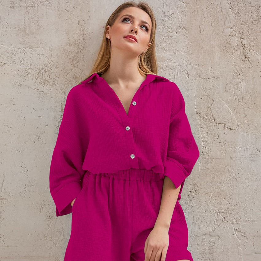 HiLoc Casual Sleepwear Cotton Pajamas For Women Sets Suit Turn-Down Collar Nine Quarter Sleeve Sleep Tops Shorts Female Homewear