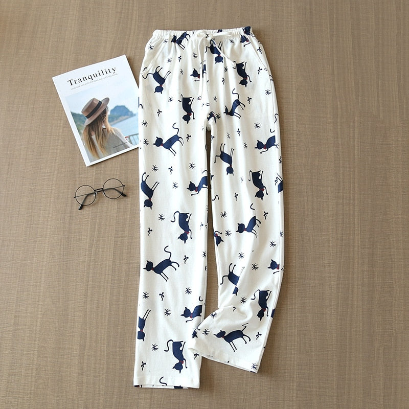 Japanese pajamas bottoms women's cotton spring and autumn trousers cotton knitted cotton home pants loose large size trousers