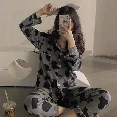 Korea Korean version of ins plaid spring and autumn pajamas women's long-sleeved trousers cardigan cute cartoon suit home service