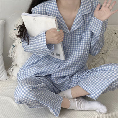 Korea Korean version of ins plaid spring and autumn pajamas women's long-sleeved trousers cardigan cute cartoon suit home service
