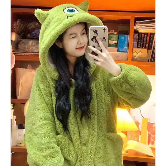 Big-eyed hooded coral fleece pajamas couples 2022 new winter single-eyed strange nightgown home service one piece